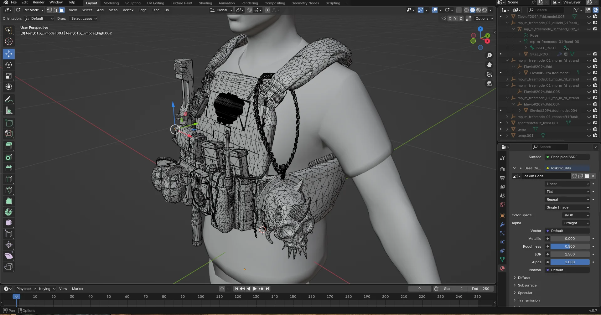 Chaleco táctico modelado en Blender, render de malla