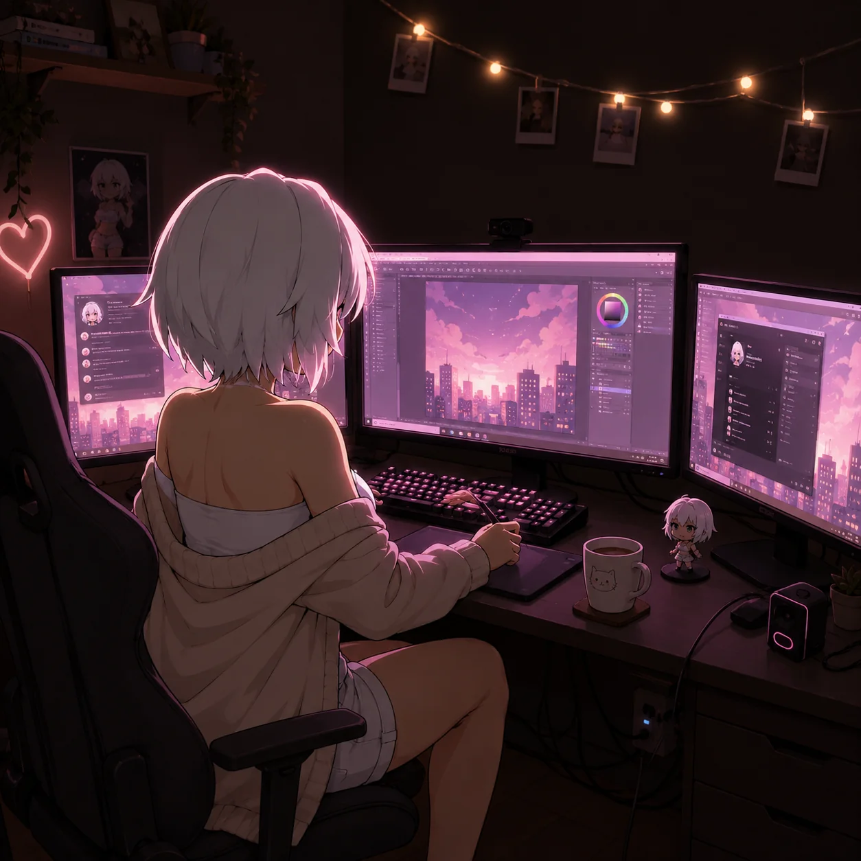 El personaje frente a su escritorio de noche, iluminada por los monitores